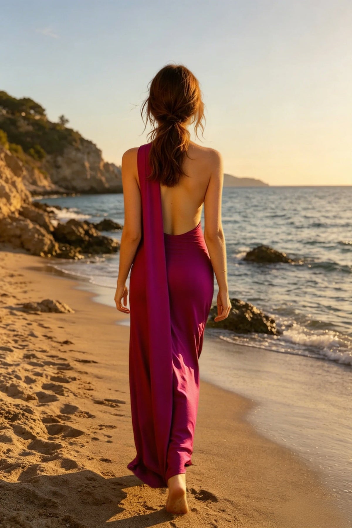 Satin One Shoulder Draped Scarf Neck Maxi Gown 2
