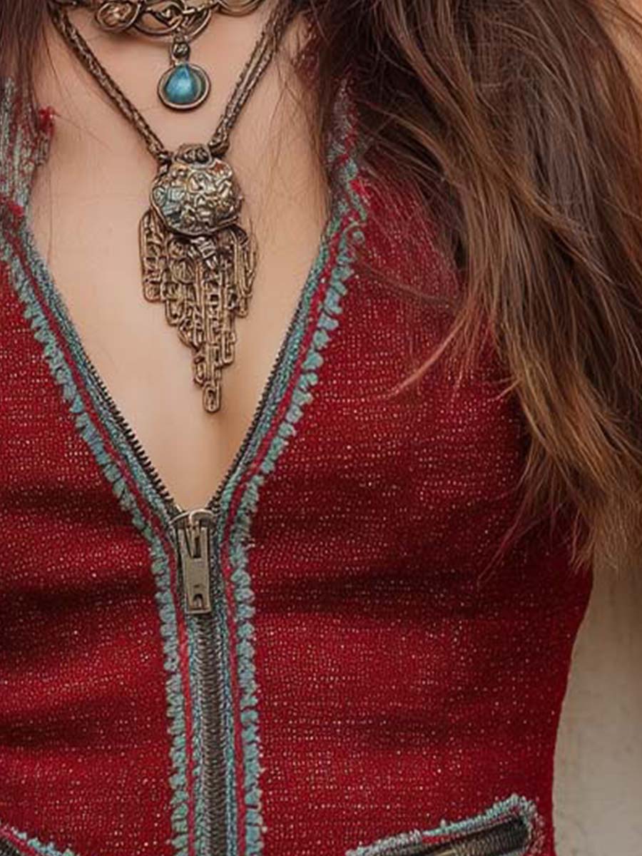 Bohemian Floral Contrast Trim Zip-up Vest - Fashionpara