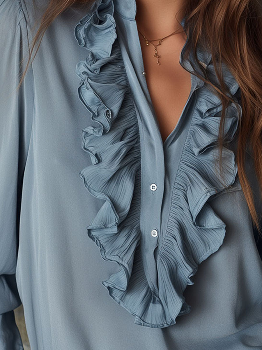 Dusty Blue Ruffle Front V-Neck Button Chiffon Blouse - Fashionpara