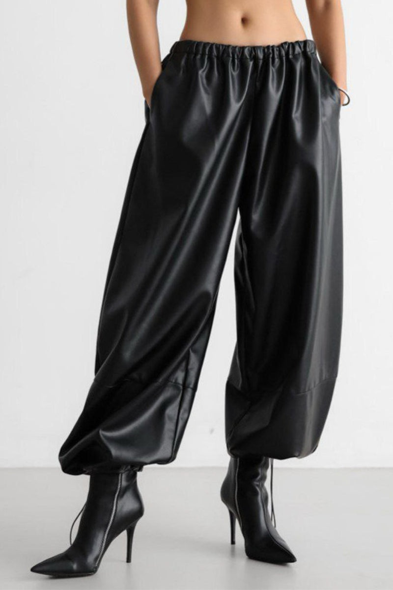 Drawstring PU Harem Loose Tapered Casual Winter Pants