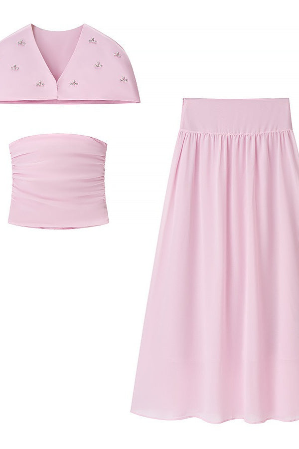 Elegant Beaded Shawl Detail Skirt Set