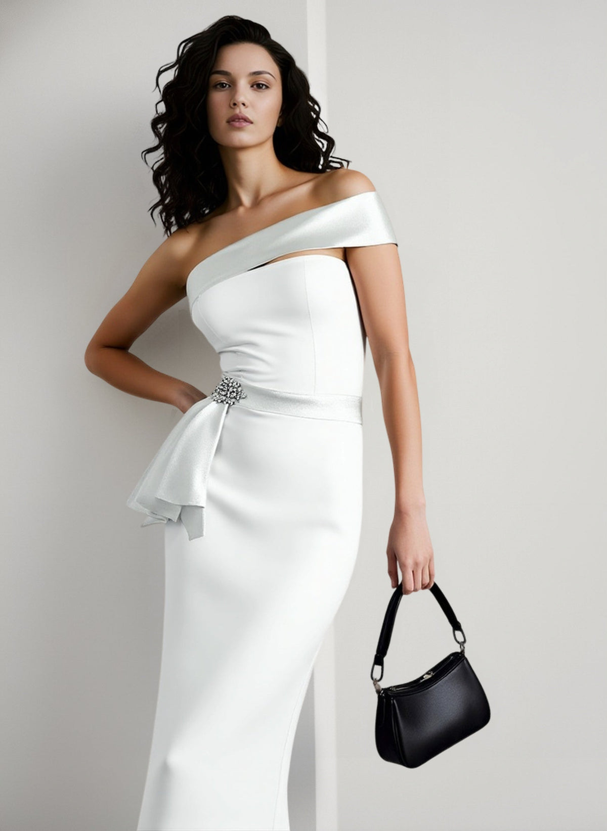 Strapless Asymmetric Bustier Beaded-Waist Column Gown
