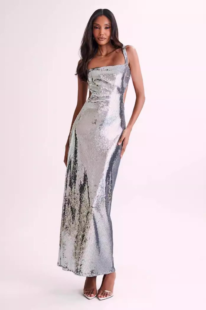 Backless Slim Spaghetti Strap Sequin Dress - View 4