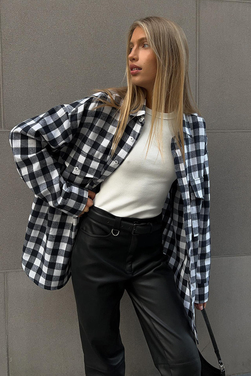 Plaid Mid Length Double Pocket Shirt Blouse