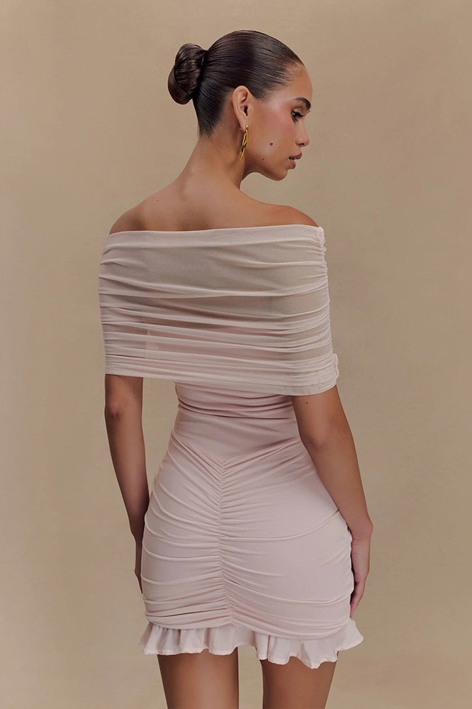 Foldover Off-Shoulder Ruched Bodycon Mini Dress