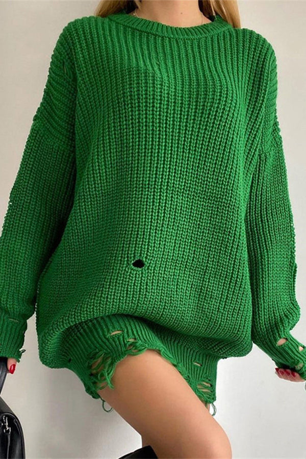 Solid Color Loose Knitted Mid-Length Sweater for Comfort