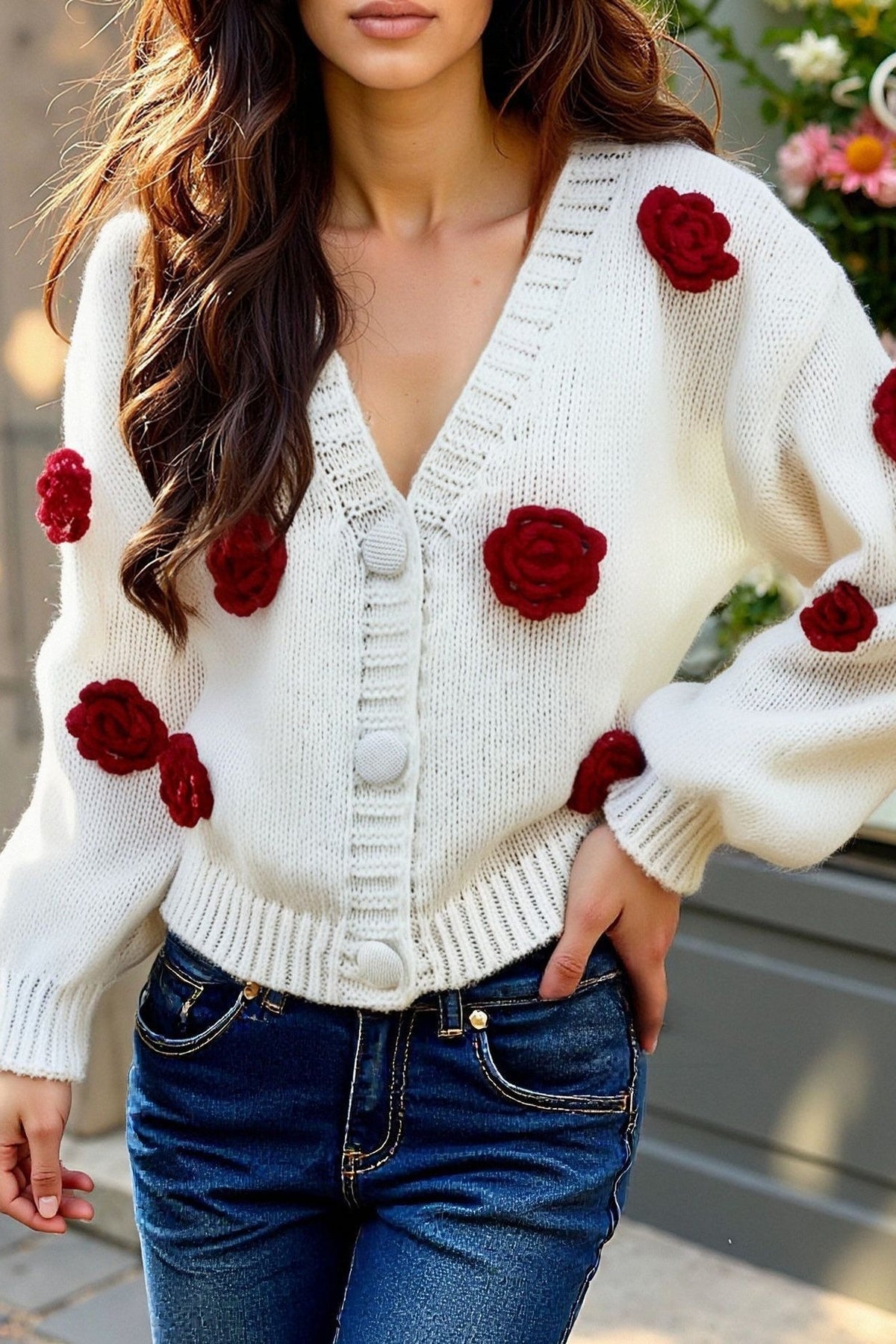 3D Floral V Neck Knit Sweater