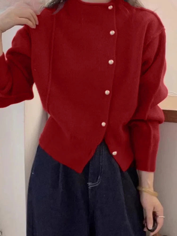 Christmas Red Puff Sleeve Button-Up Elegant Knitted Cardigan