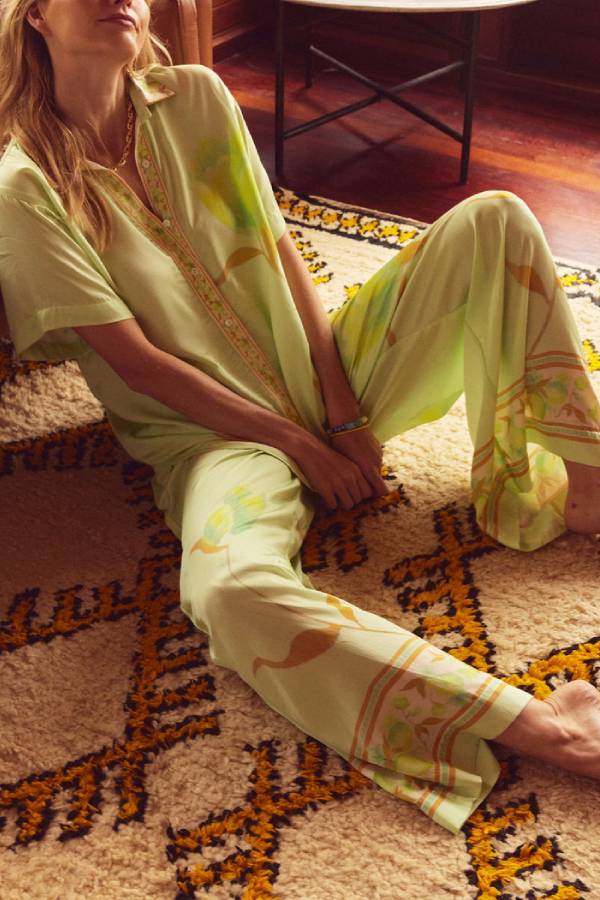 Niah Satin Tulip Print Lapel Short Sleeve Shirt and Elastic Waist Tie Pocket Wide Leg Pants Set - Fashionpara