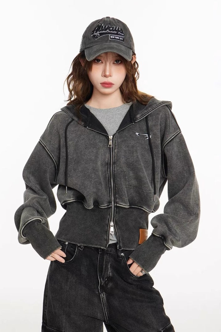 Washed Embroidered Cropped Hoodie - Fashionpara