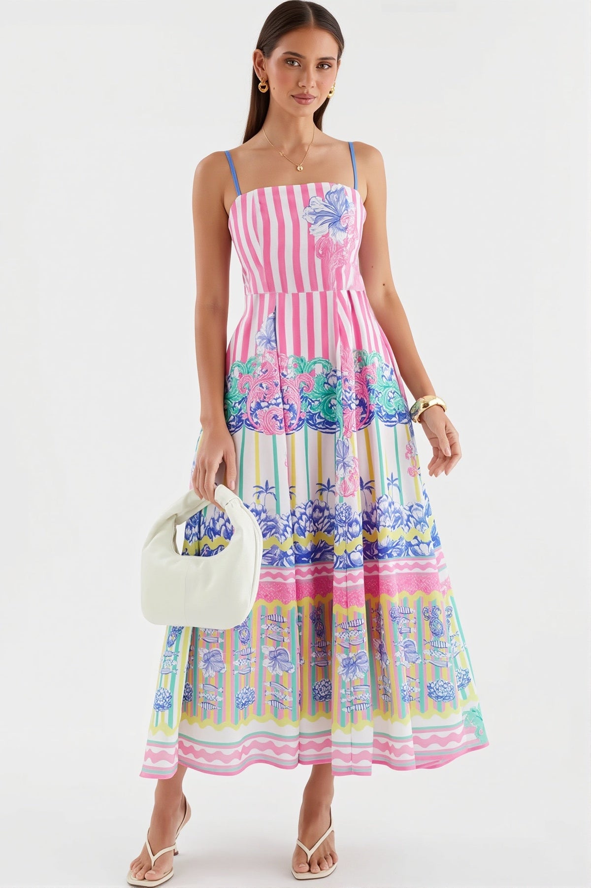 Striped Square Neck Shirred Fit and Flare Midi Dress