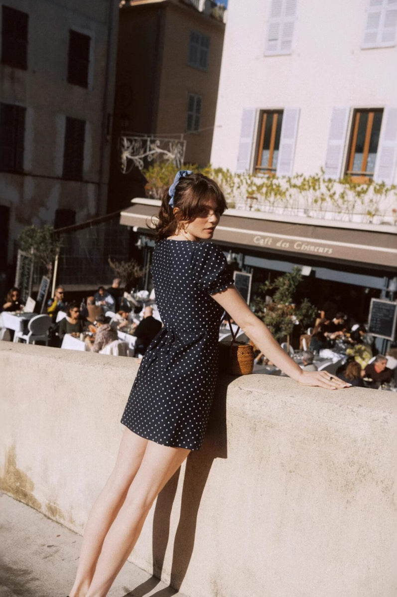 Polka Dot V Neck Mini Work Dress - Fashionpara