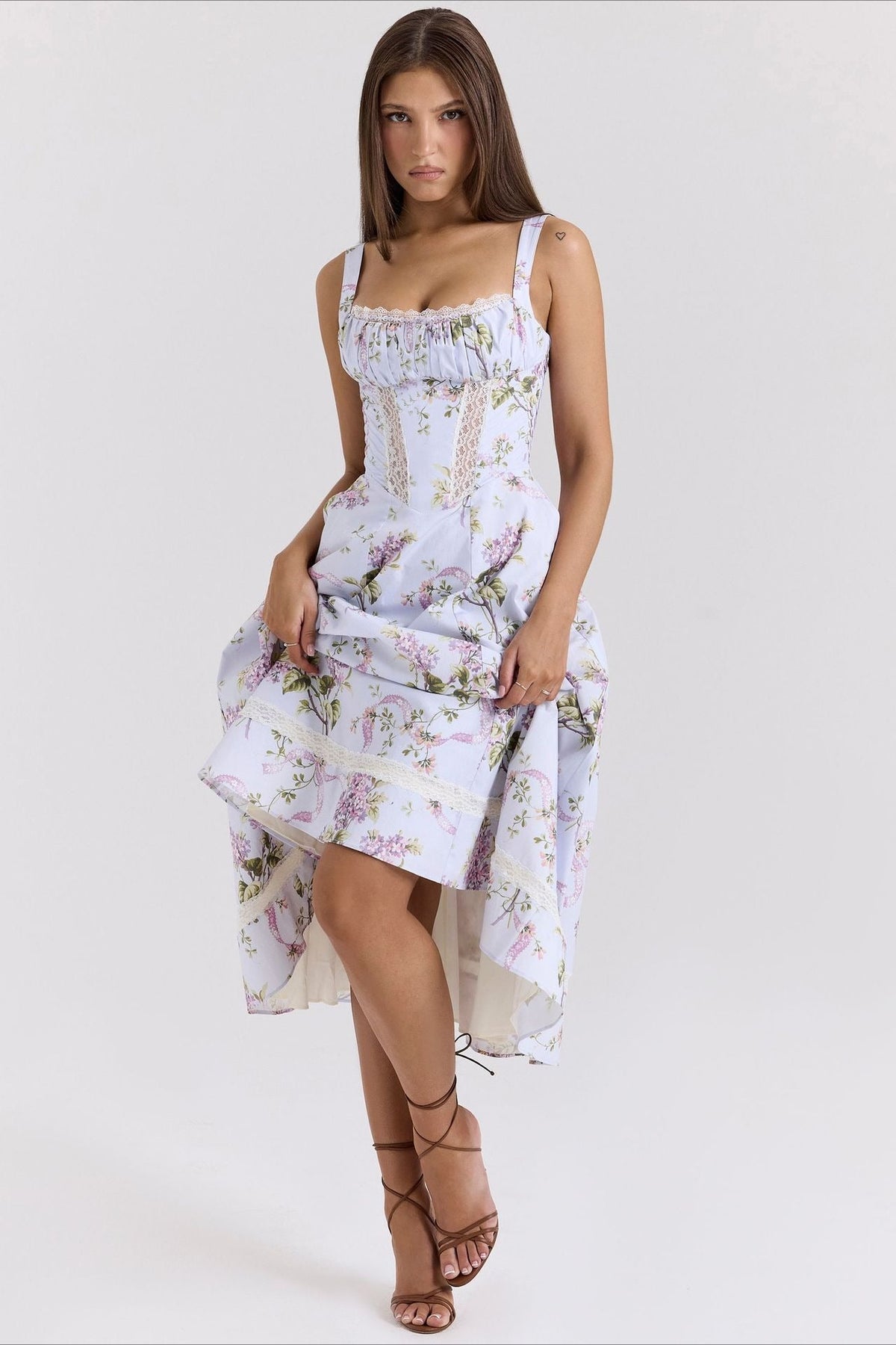 Cotton Square Neck Lace Panel Corset Midi Dress