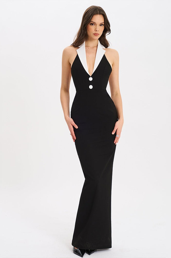 Collared Backless Slit Maxi Dress