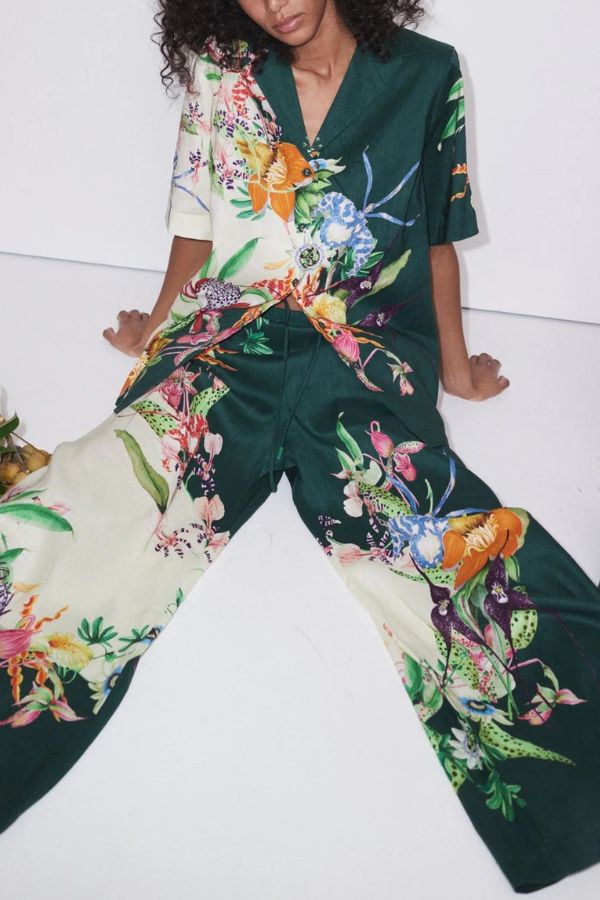 Island Linen Blend Unique Print Short Sleeve Loose Shirt and Elastic Waist Pocket Pants Set - Fashionpara