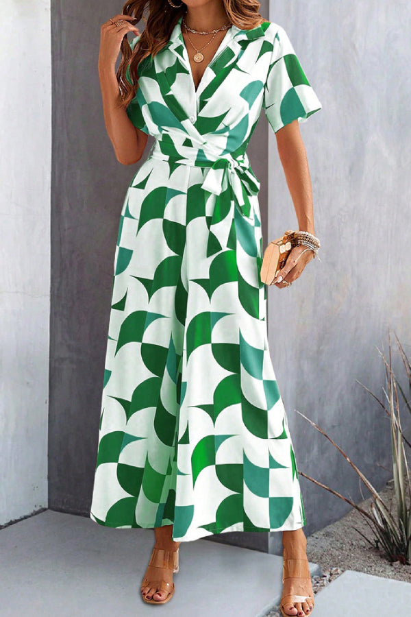 Women's Geometric Printed Short Sleeve Jumpsuit - Fashionpara