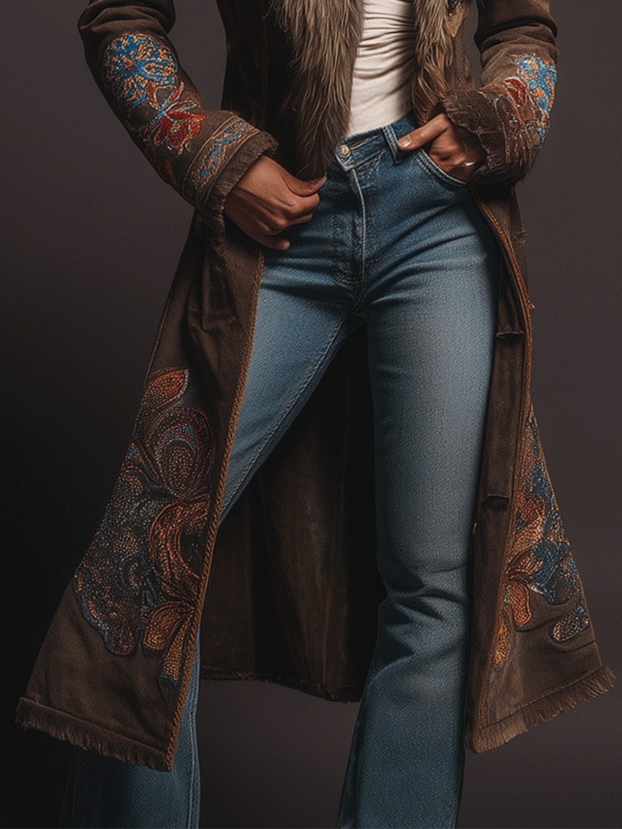 Retro Boho Brown EleganceEmbroidered Faux Fur Collar Long Coat - Fashionpara