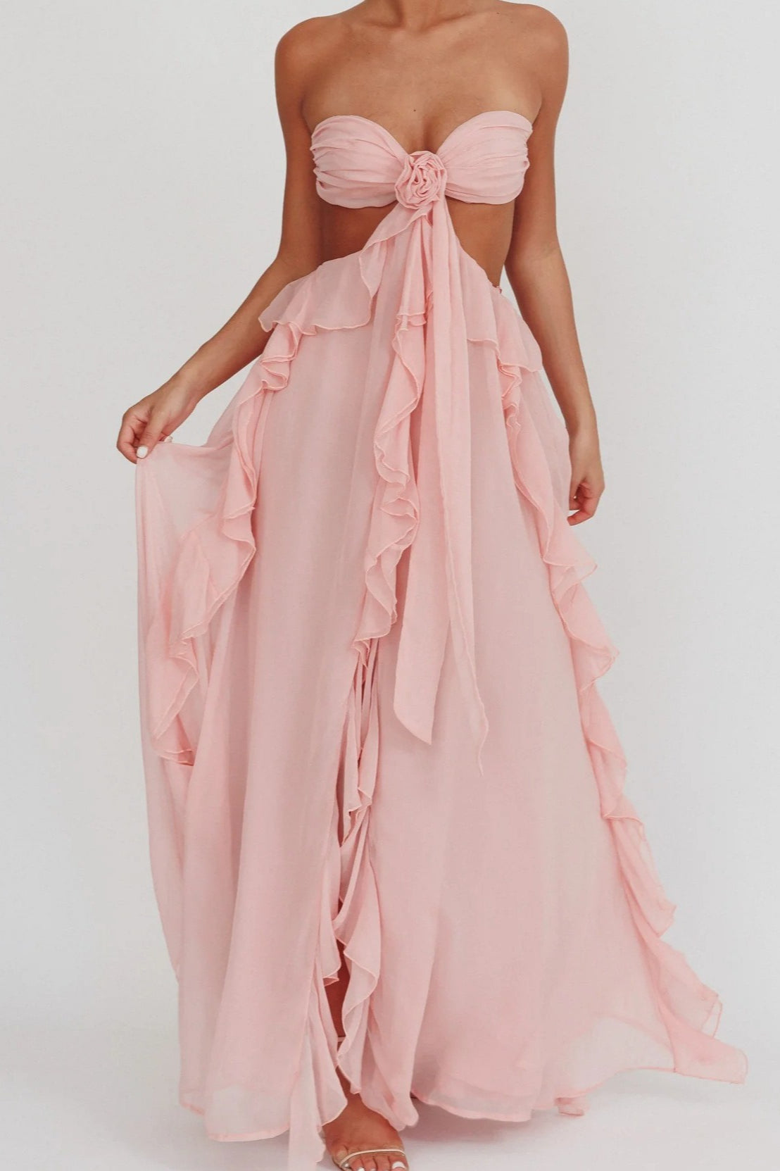 Strapless Chiffon Ruffle Rosette Cut Out High Split Maxi Dress