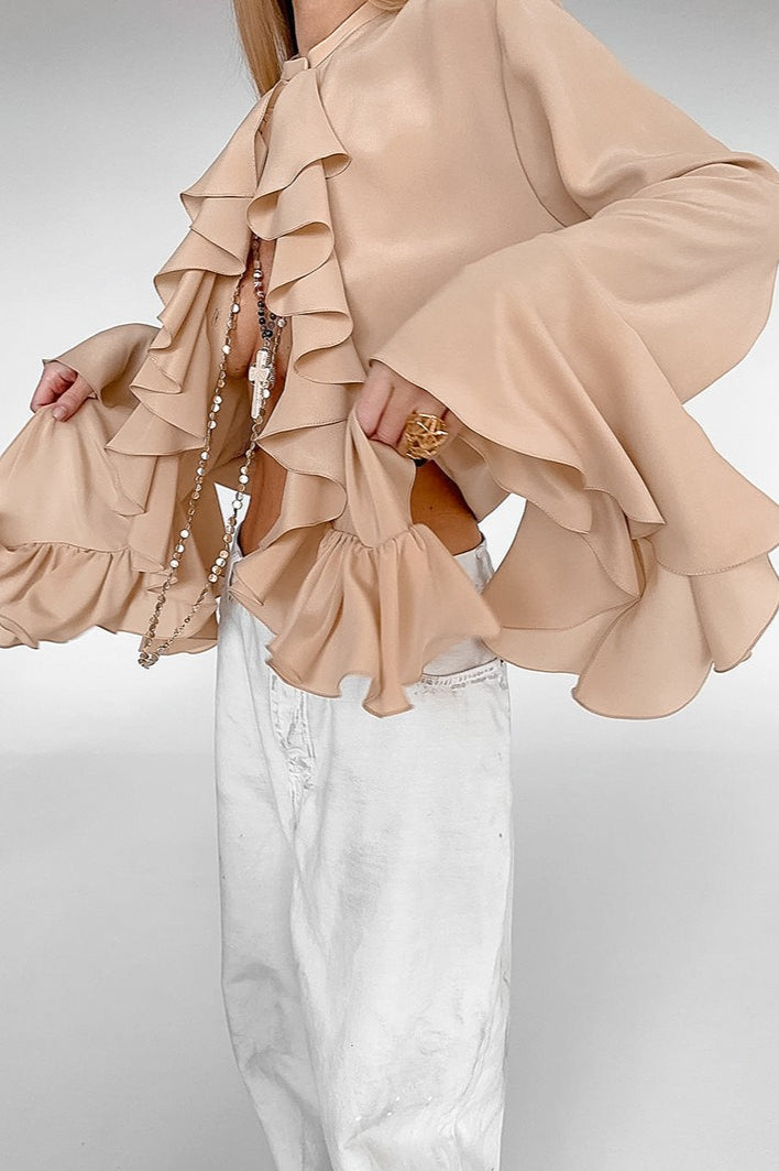 Elegant Ruffle Trim Button Blouse