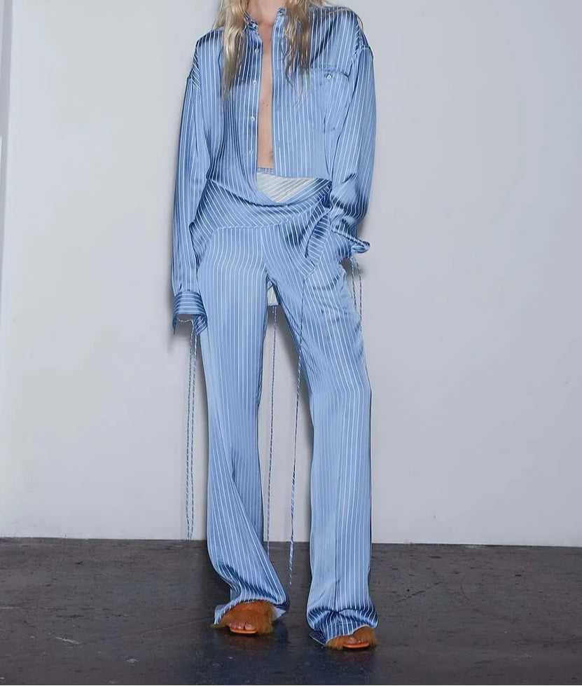 Blue Print Pockets Button Pants Office Two Piece Set