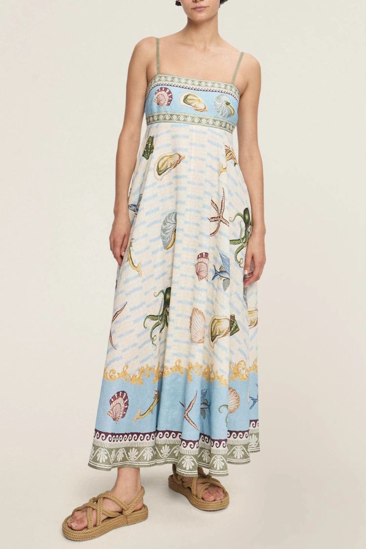 Unique Exquisite Deep Sea Floral Print Midi Dress - Fashionpara
