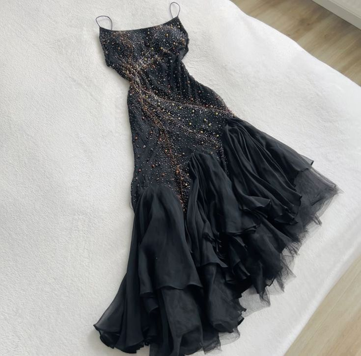 Mermaid Spaghetti Straps Black Tulle Long Prom Dresses Evening Dress - Fashionpara