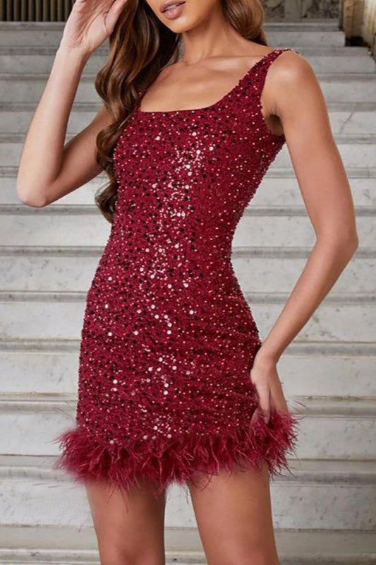 Elegant Feathered Slim Waisted Sleeveless Sequin Dress - Fashionpara