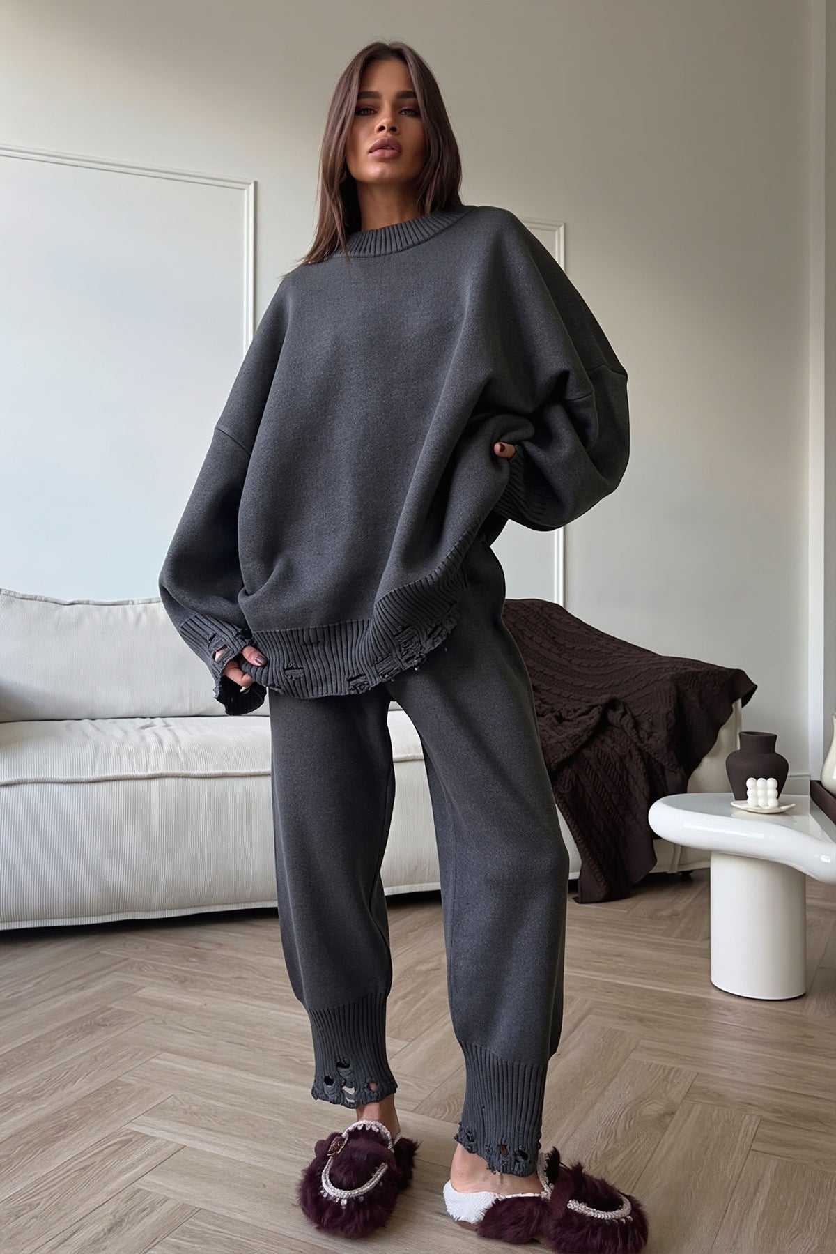 Distressed Knit Sweater Jogger Pants Set