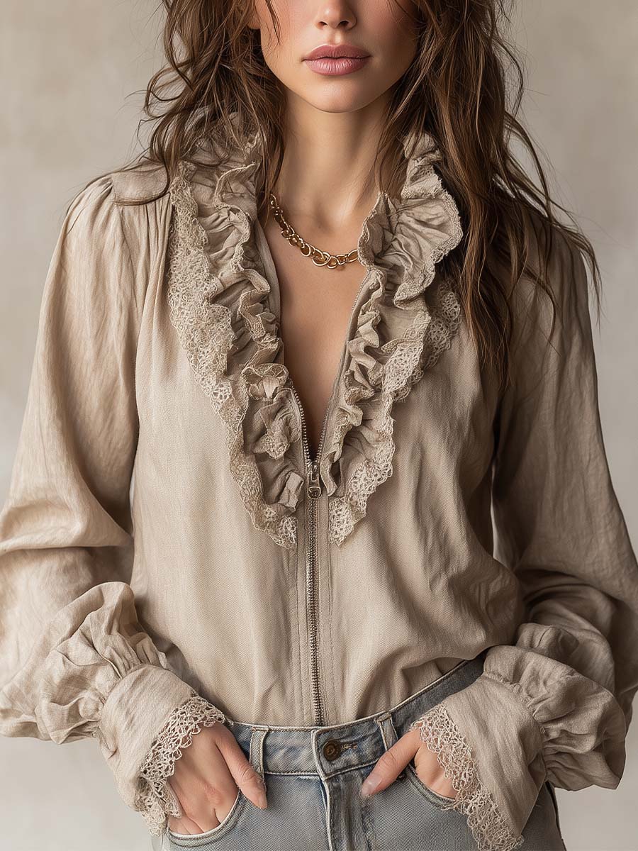 Vintage Ruffled Lace Trim Zip Blouse