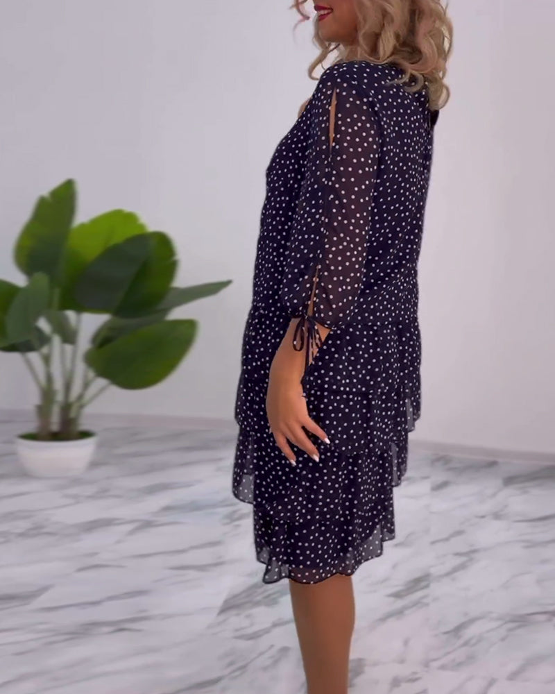 Polka Dot Chiffon Three Quarter Sleeve Tie Cuff Tiered Midi Dress - View 5