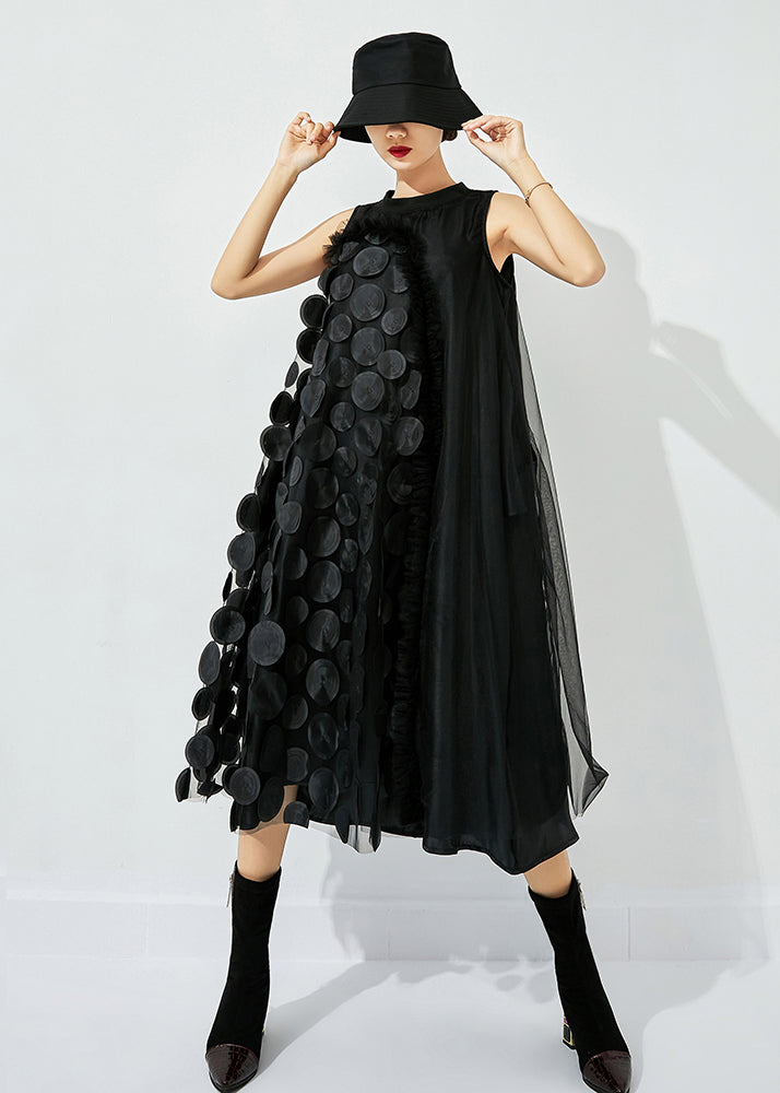 3D Circle Appliqué Asymmetric Drape High Neck Mesh Midi Dress - View 6
