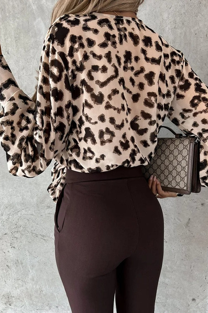 V-Neck Leopard Print Patchwork Blouse