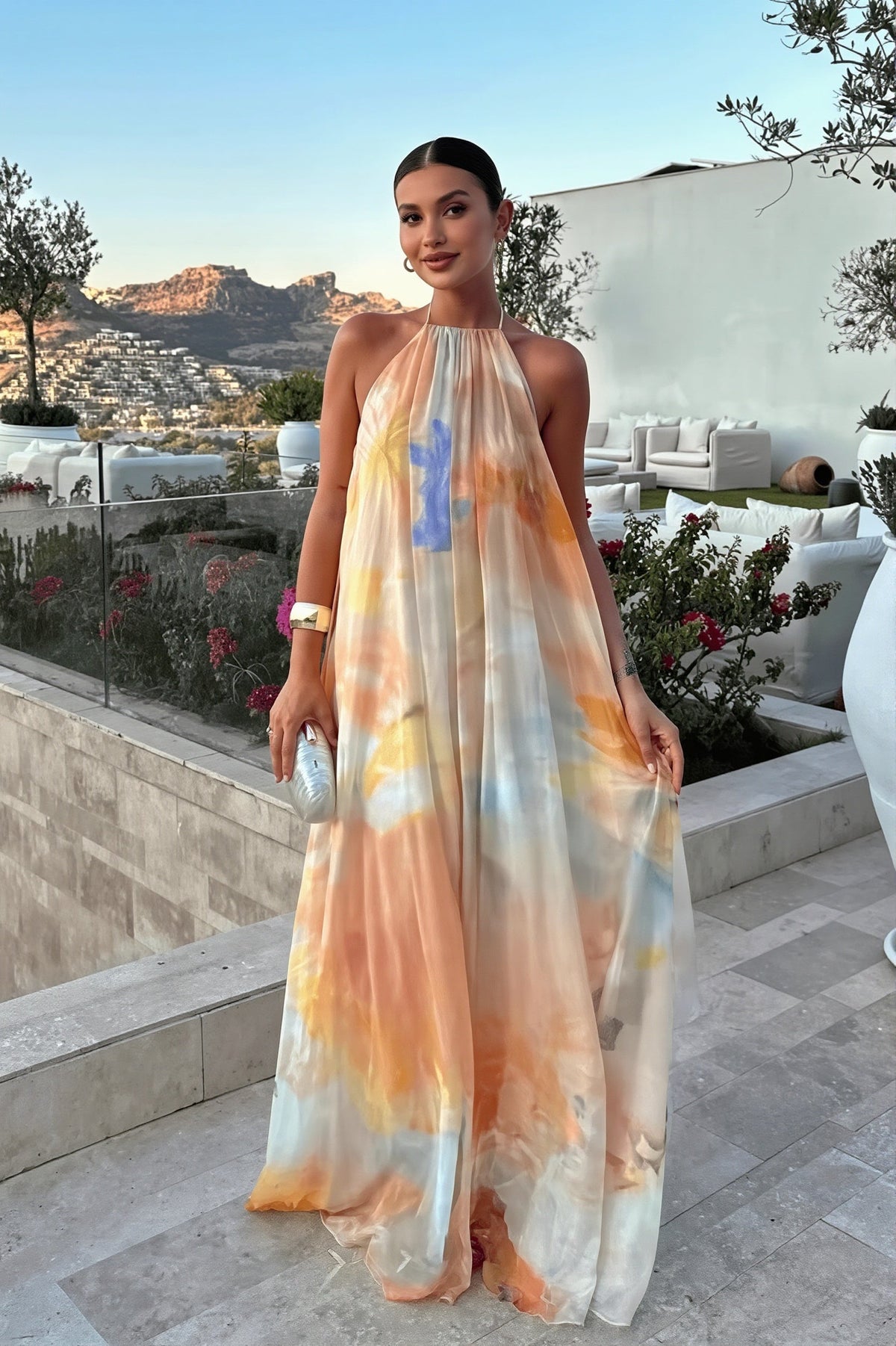 Abstract Print Halter Neck Maxi Dress