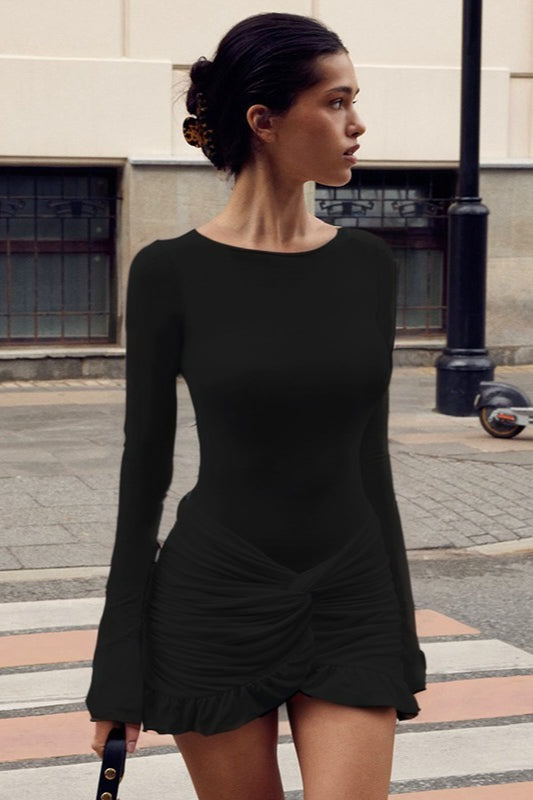 Crew Neck Long Sleeve Twist Knot Ruched Mini Dress