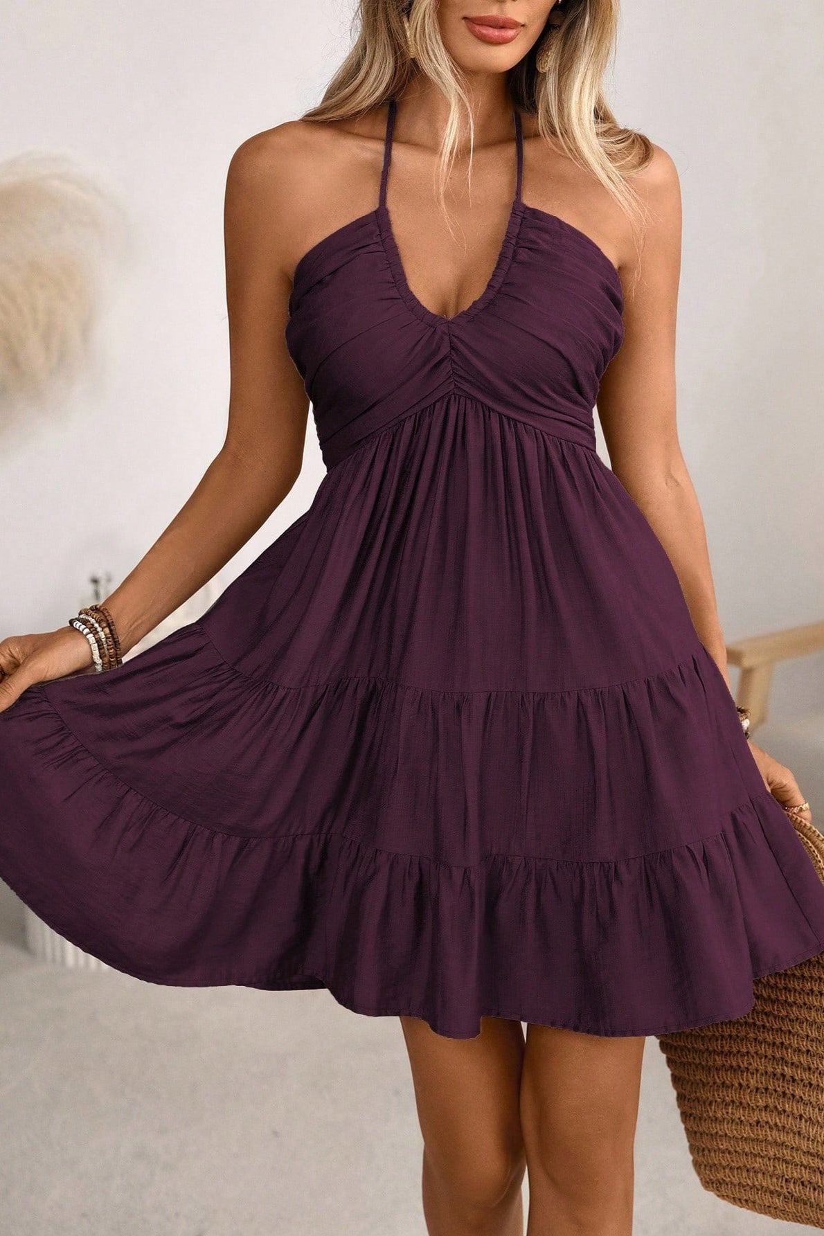 Halter V-Neck Tiered Fit and Flare Mini Dress
