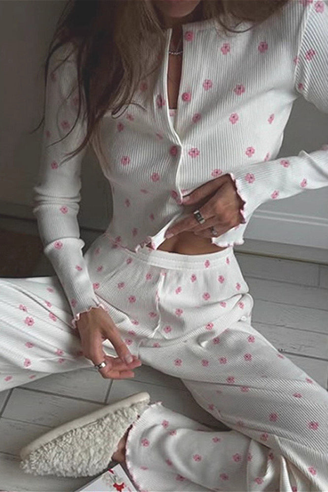 Ruffled Floral Long Sleeve Pants Loungewear Two Piece Set
