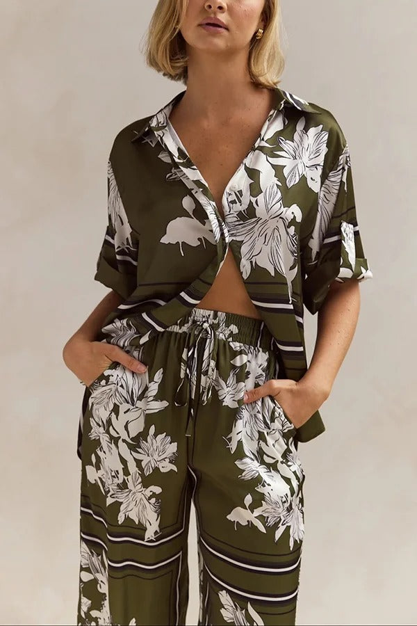 Fashionable Plant Print Loose Lapel Short Sleeve Shirt and Casual Elastic Waist Pocket Pants Set - Fashionpara