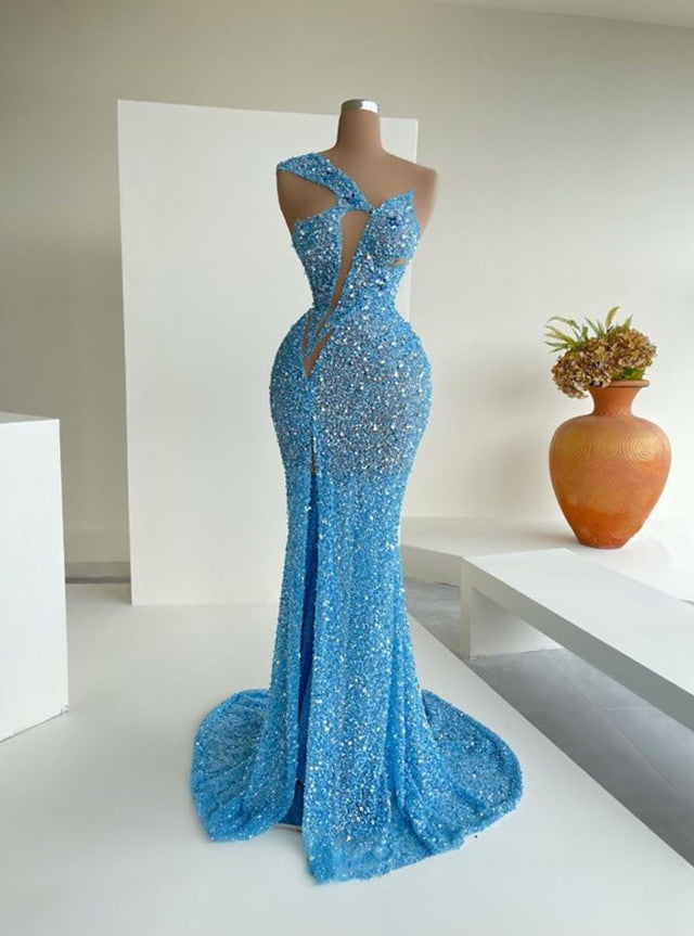 Beautiful Ocean Blue Sequins One-Shoulder Mermaid Long Prom Dresses With Split - Fashionpara