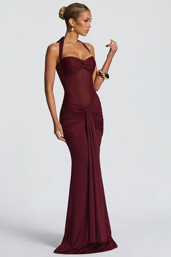 Halter Sweetheart Mesh-Cutout Ruched Mermaid Gown