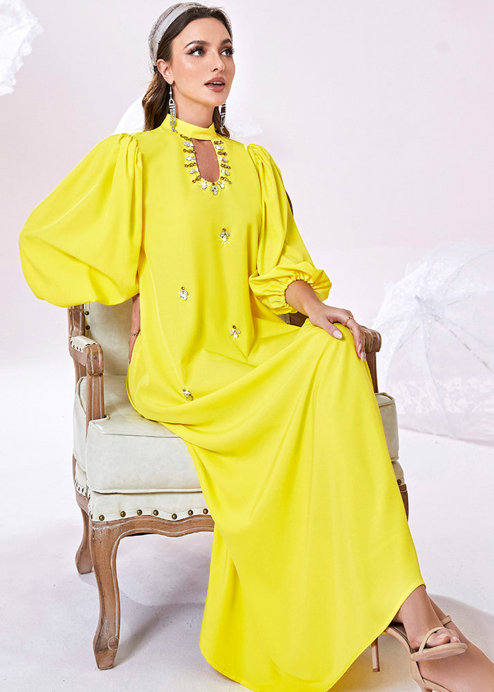 Rhinestone Mock Neck Cut Out Puff Sleeve Maxi Dress - View 4
