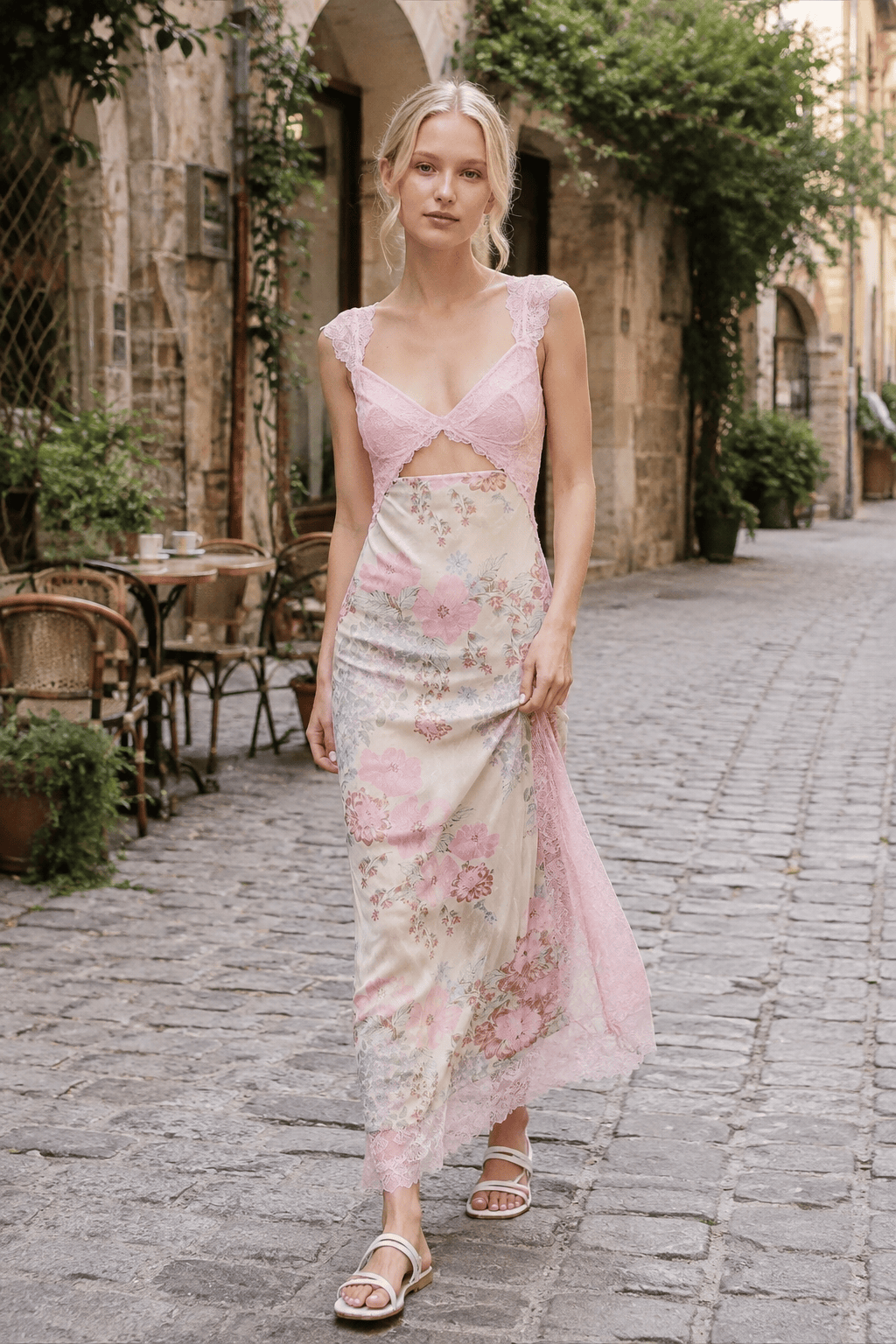 Floral Lace-Trim V-Neck Cut-Out Satin Maxi Dress