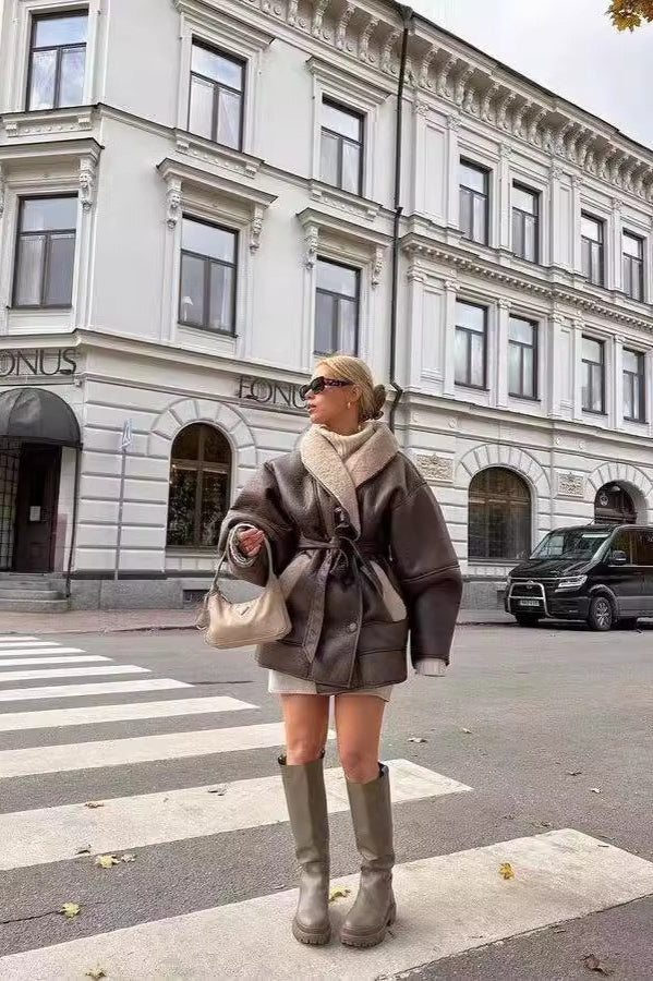 Tie Waist Padded Faux Leather Coat - Fashionpara