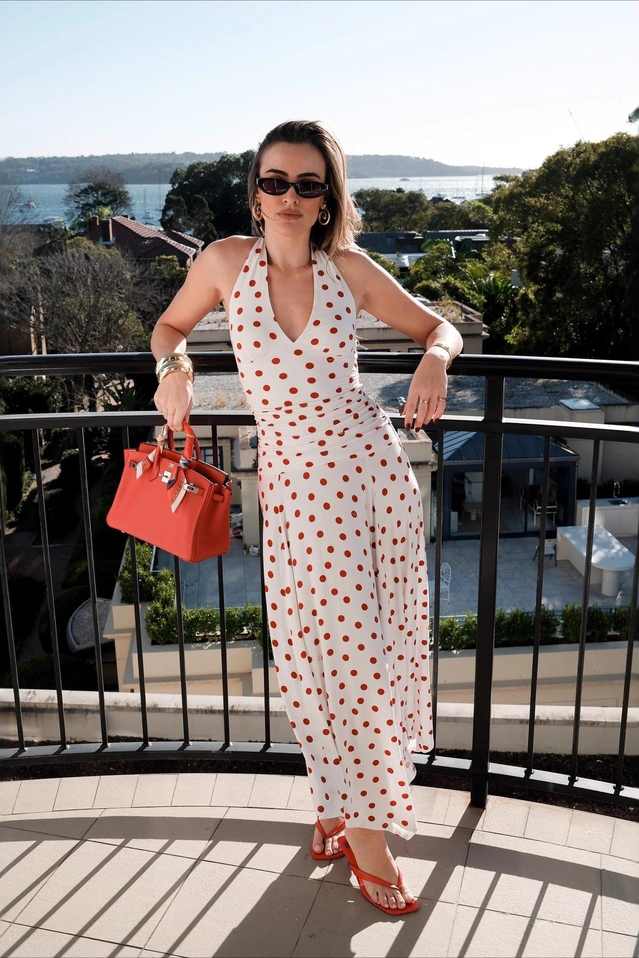 Polka Dot Halter V-Neck Ruched Maxi Dress - Fashionpara