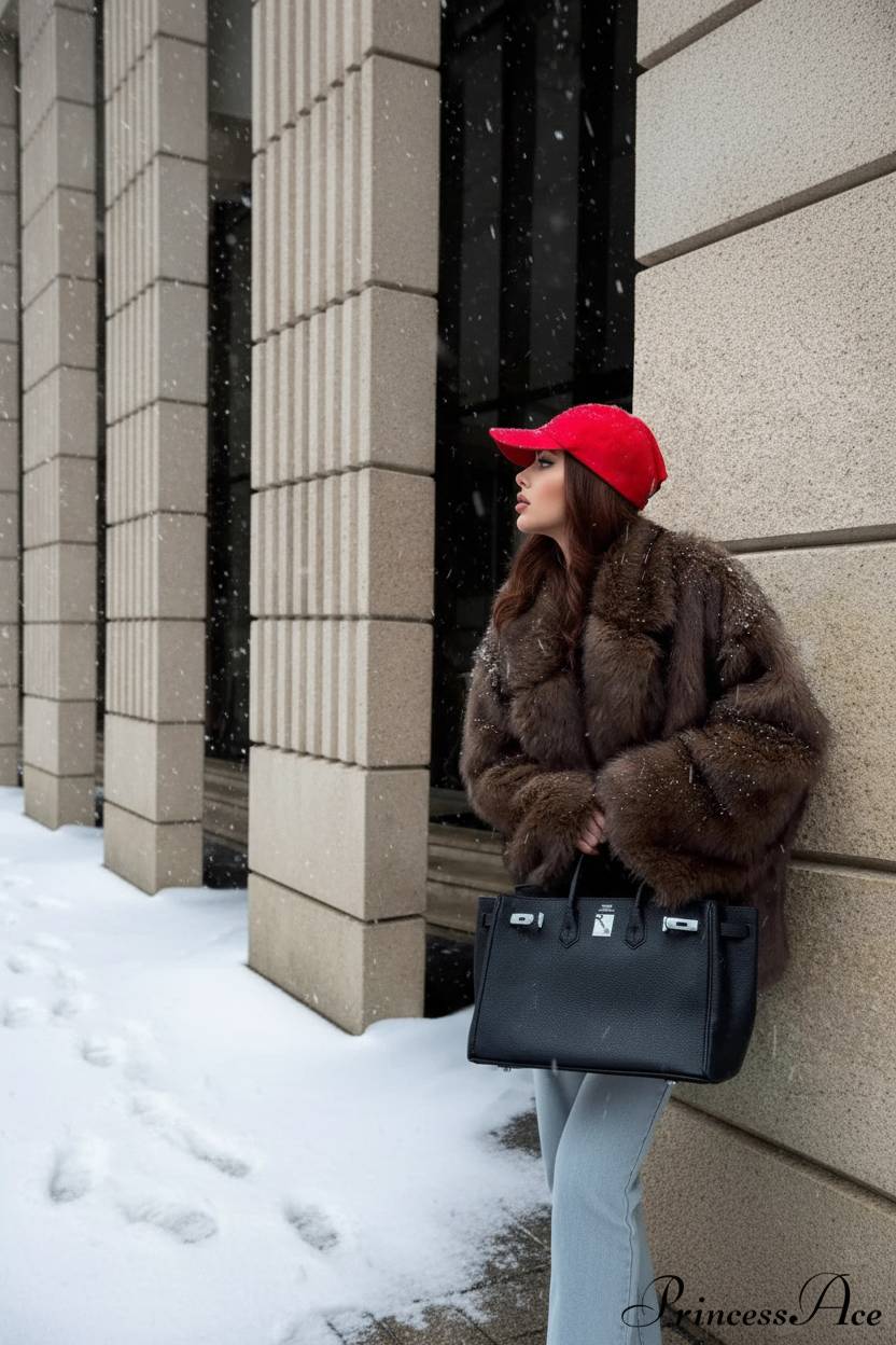 White Tip-Dyed Faux Fox Fur Mid-Length Coat - Fashionpara