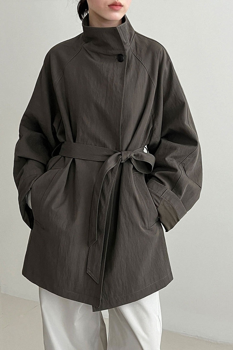 Sophisticated British-Style Mid-Length Stand-Collar Trench Coat