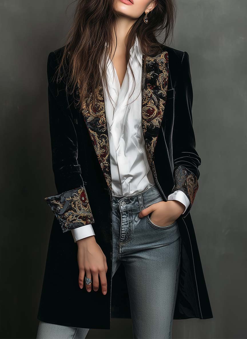 Baroque Embroidered Lapel Velvet Longline Blazer