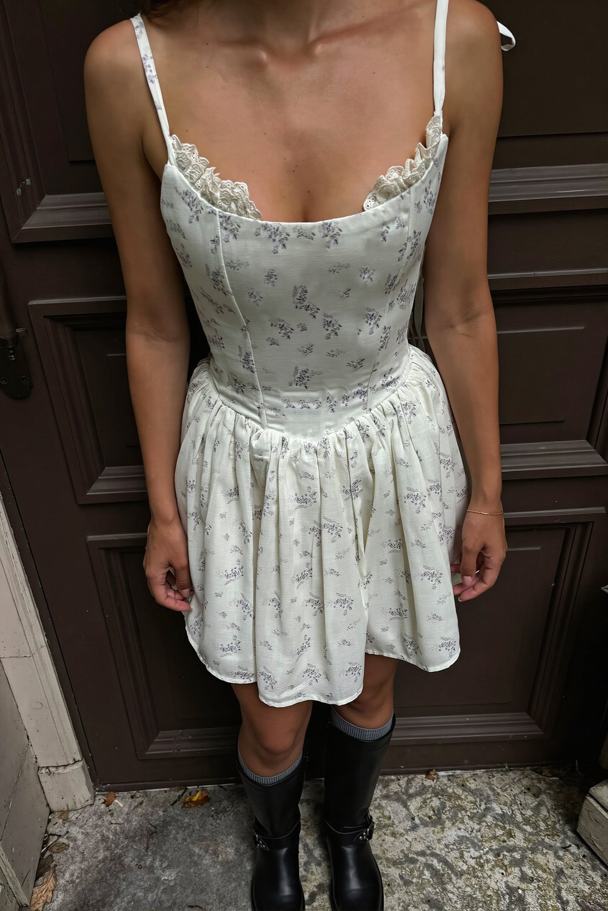 Ditsy Floral Tie Strap Square Neck Babydoll Mini Dress