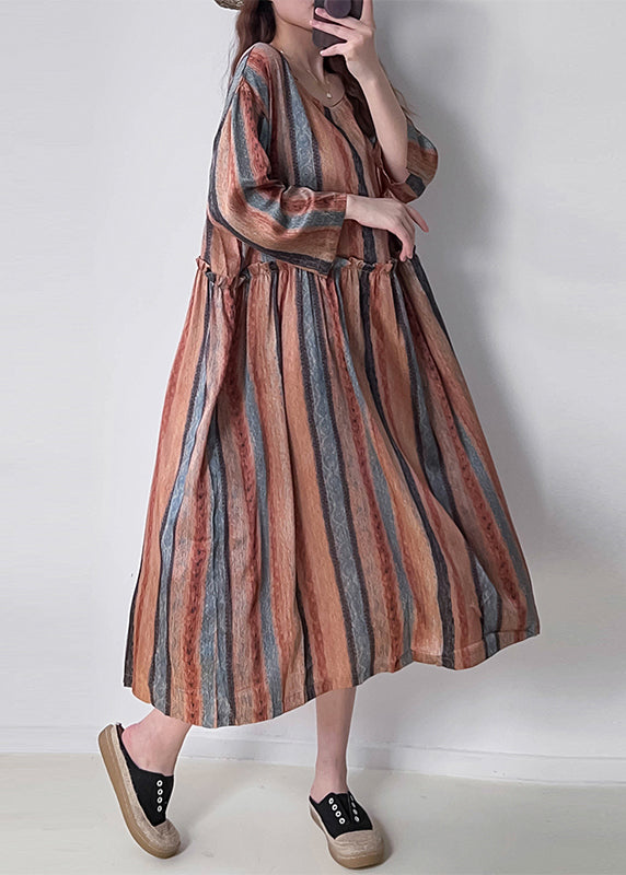 Vertical Stripe Round Neck Long Sleeve Empire Waist Midi Dress