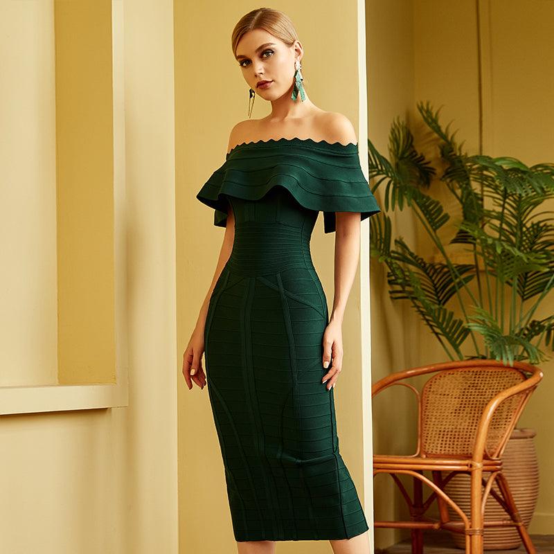 Emerald Green Off Shoulder Bandage Dress - Fashionpara