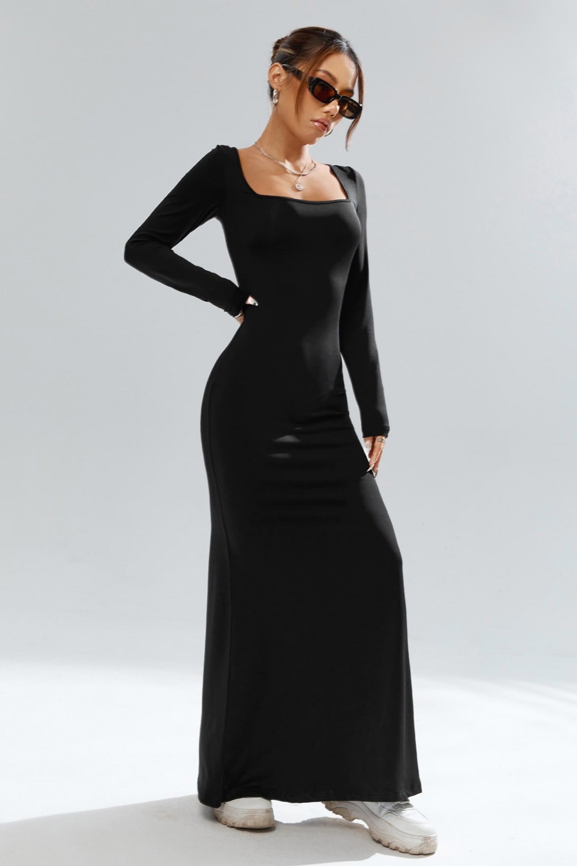 Square Neck Long Sleeve Bodycon Mermaid Maxi Dress